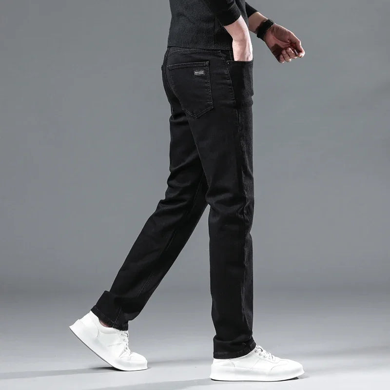Black Straight Stretch Denim Thick Velvet Fleece Jeans