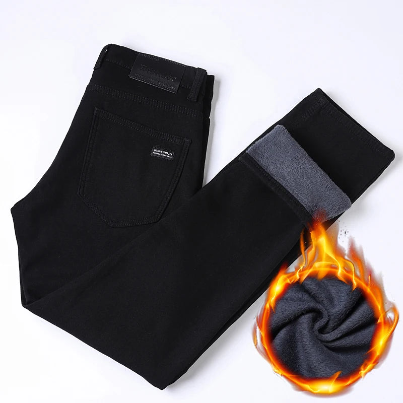 Black Straight Stretch Denim Thick Velvet Fleece Jeans