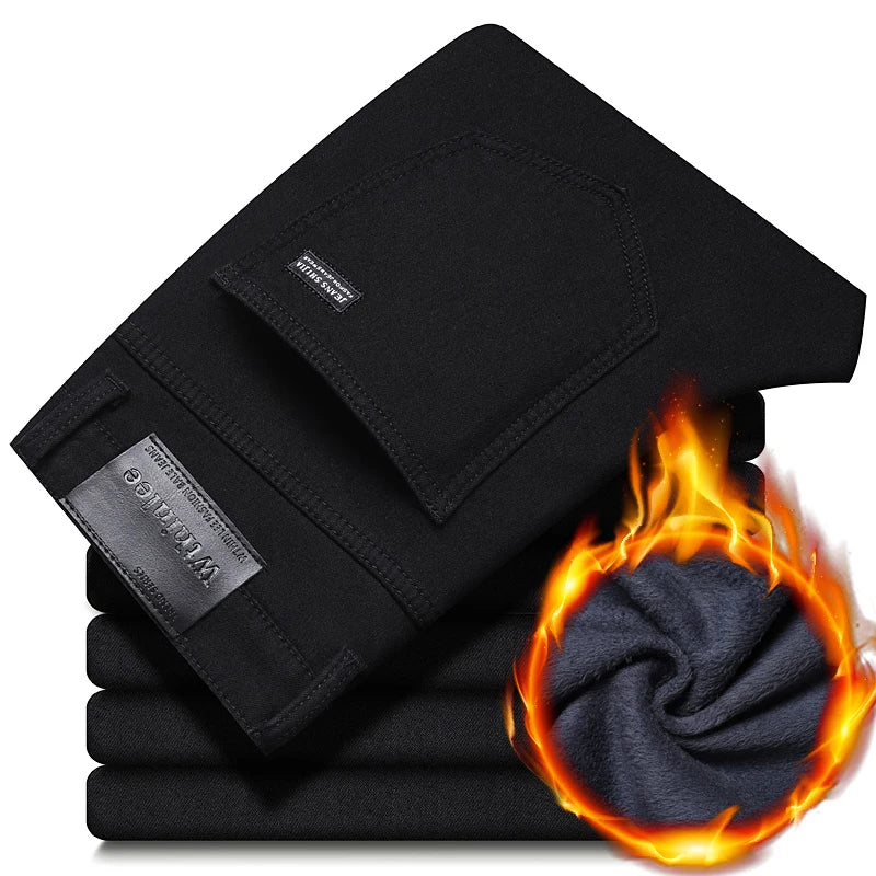 Black Straight Stretch Denim Thick Velvet Fleece Jeans