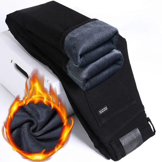 Black Straight Stretch Denim Thick Velvet Fleece Jeans