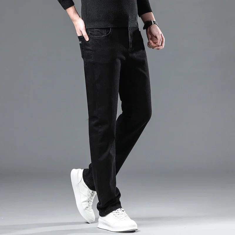 Black Straight Stretch Denim Thick Velvet Fleece Jeans
