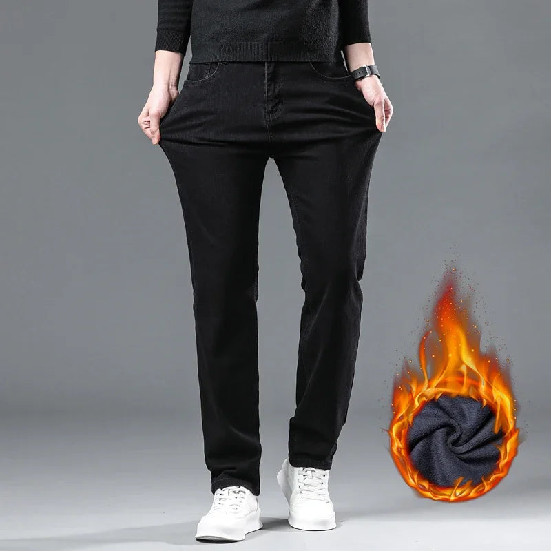 Black Straight Stretch Denim Thick Velvet Fleece Jeans