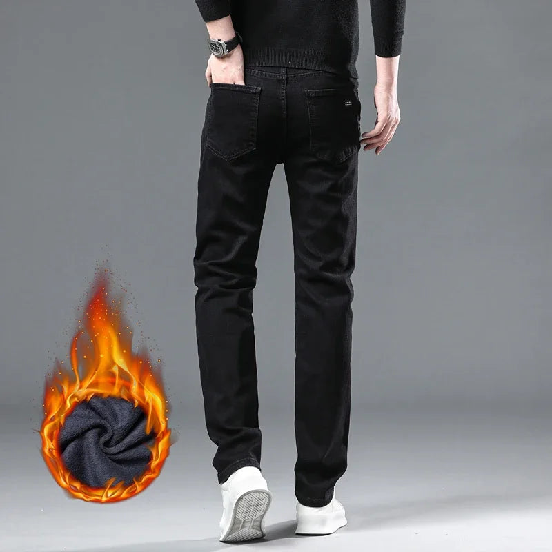 Black Straight Stretch Denim Thick Velvet Fleece Jeans